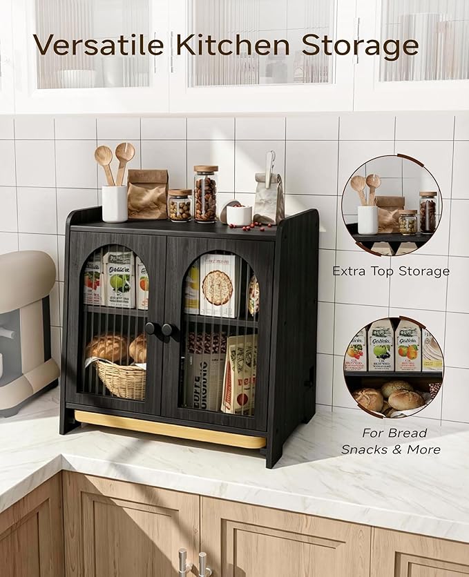Bread Box for Kitchen Countertop, Large Double Layer Wooden Bread Storage Container with Acrylic Window, Adjustable Air Vents & Built-In Cutting Board, Pantry Organizer, Black