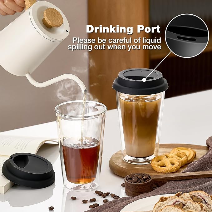 Qipecedm® 2 Packs Double Walled Glass Coffee Mugs with Silicone Lids, 12 OZ Reusable Glass Coffee Cups, Insulated Coffee Mugs, Cappuccino,Tea,Latte,Iced Coffee Cups, Glass Travel Mug, Heat Resistant