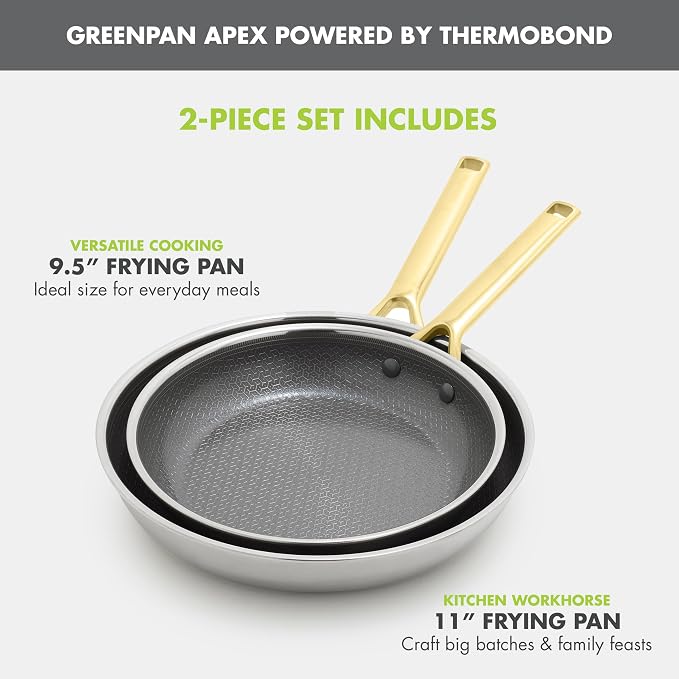 GreenPan Hybrid 2 Piece (9.5" & 11") Stainless Steel & Ceramic Skillet Set | APEX Tri-Ply Pan, PFAS-Free Thermobond Nonstick, Induction & All Cooktop Compatible, Dishwasher & Oven Safe up to 850F, Gold