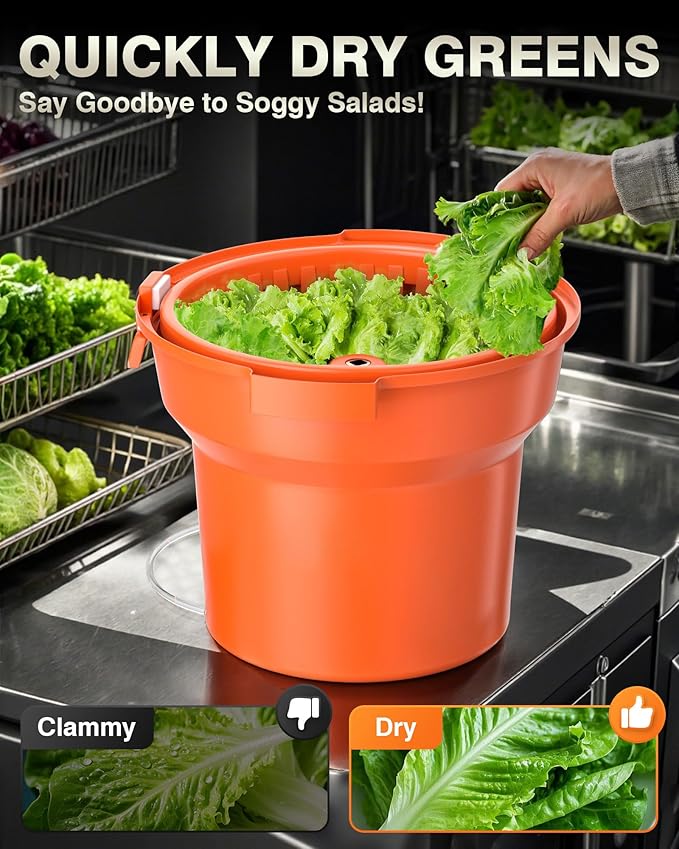 WantJoin Commercial Salad Spinner - [2.5 Gallon Salad Dryer] w/Aluminum Handle & [Draining Hose], 10Qt Manual Salad Spinner for up to 3 Heads of Lettuce Spinner Large for Catering Kitchen, Orange