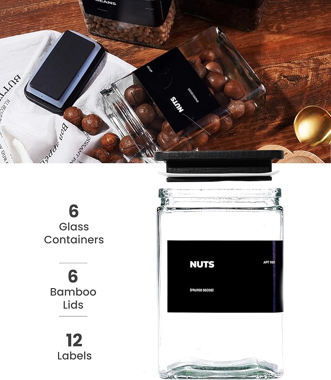 Glass Storage Jars with Bamboo Lid, glass canisters with airtight lids, Clear jars with lids for Spice, Cookie, Candy, Tea, Coffee Bean and Rice (Black, 26 oz, Set of 6)