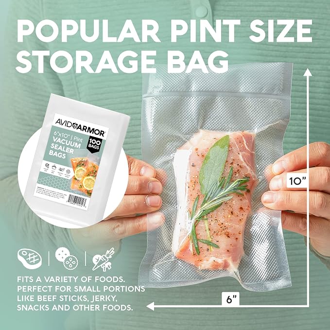 Avid Armor Food Vacuum Sealer Bags – 100-Pack, 6x10” Pint Freezer Bags | Clear Food Storage Bags with Deep Embossed Airtight Suction – Heat Resistant, Non-BPA Meal Prep Bags with Easy Tear Notch