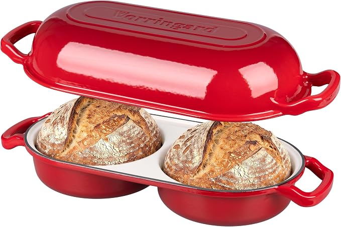 Enameled Cast Iron Double Dutch Oven with Lid, Dual Round Loaf Pan, Bread pan for Homemade Sourdough Bread Baking, Red