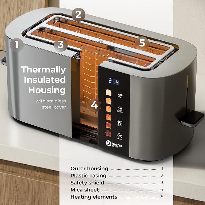 Balter Toaster 4 Slice Wide Slot, Bagel Function, Long Slot, Stainless Steel, Touch Screen, Built-in Rack, Extra-Wide 1.5" Slots for Thick Breads & Bagel, Timer, BPA-Free, 6 Levels, Removable Tray