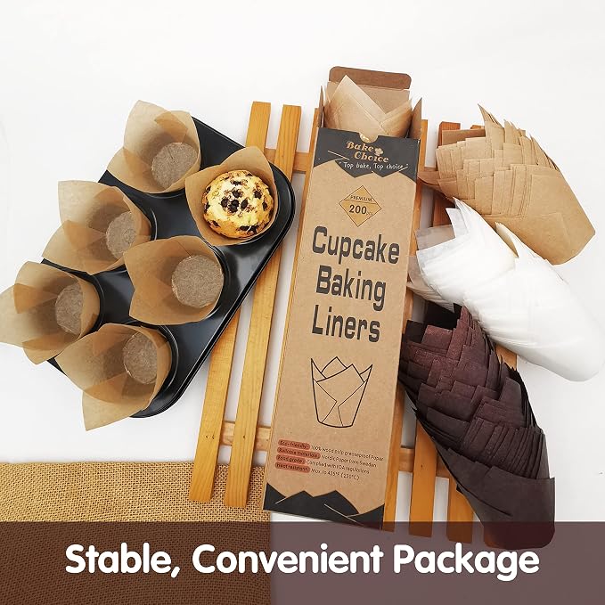 Bake Choice Standard Tulip Cupcake Liners for Baking, Brown Muffin Liners | 200 PCS Tulip Muffin Liners, European Parchment Paper, Nordic Paper Cupcake Wrapper for Party, Christmas