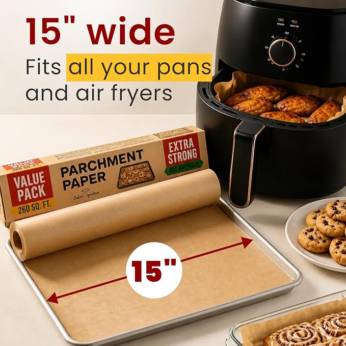 260 Sq.Ft Unbleached Parchment Paper for Baking - Roll with Cutter | Heavy Duty Non-Stick Brown for Cooking, Grilling, Steaming and Air Fryer, 15" x 210ft by Baker's Signature