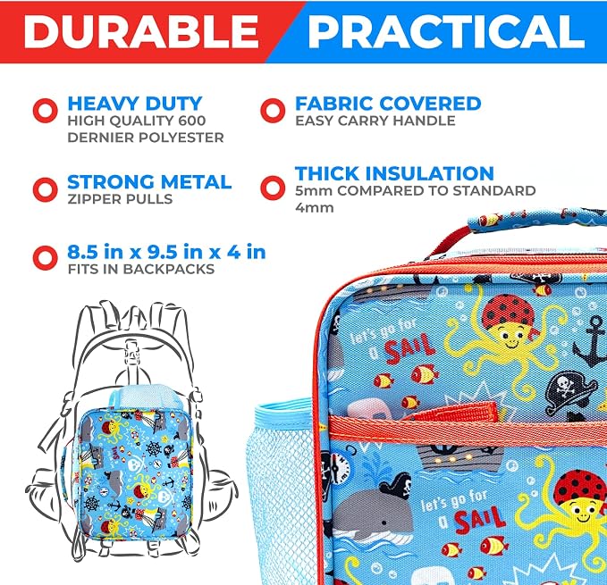 kinsho Kids Bento Lunch Box, Water Bottle, Ice Pack & Bag Set, Blue Pirates | 5 Leakproof Portion Compartments, BPA-Free Removable Tray, Insulated Meal, Snack Container for Toddlers, Pre-School & Daycare