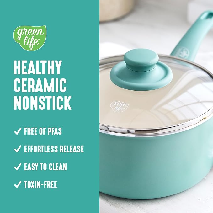 GreenLife 2.5QT Ceramic Nonstick Saucepan with Glass Lid, Turquoise | PFAS-Free Nonstick Coating, Multipurpose Cooking Pot, Milk Pan, Soup Pot, Stay-Cool Handle, Dishwasher & Oven Safe up to 350F