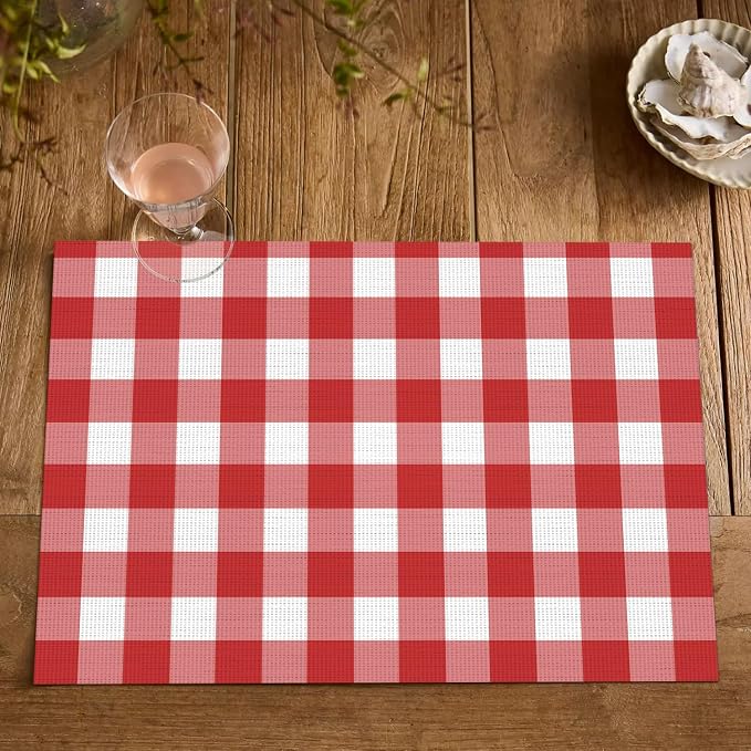Artoid Mode Buffalo Plaid Vinyl Placemats Set of 6, 12x18 Inch Washable Non-Slip Heat Resistant Plastic Place Mats for Party Dining Table, Red/White