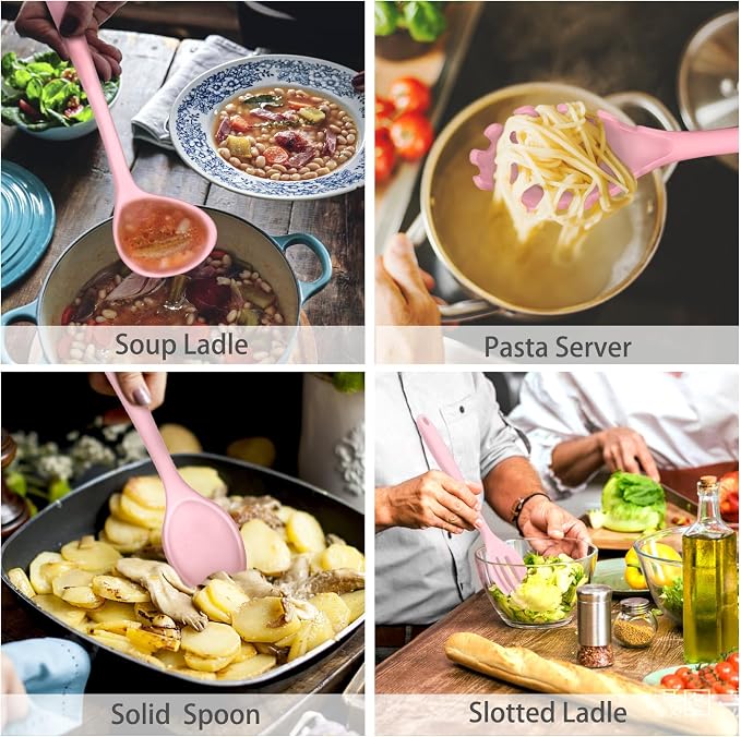 P&P CHEF Pink Kitchen Utensils, Silicone Cooking Utensil Set of 7 | Soft Spatula for Nonstick Cookware, Slotted Turner, Soup Ladle, Pasta Server, Spoon for Cooking, Dishwasher Safe & Heat Proof