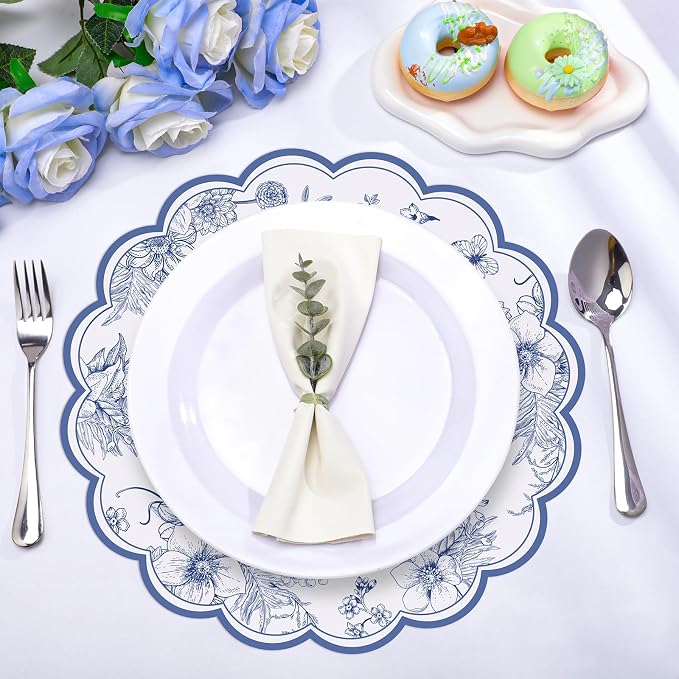 60 Pcs Blue Floral Paper Placemat, 13.5 Inch Disposable Scalloped Table Mat | Wedding Placemats, Vintage Floral Banquet Place Mats for Table Setting Wedding Bridal Tea Party Wildflower Party Decor