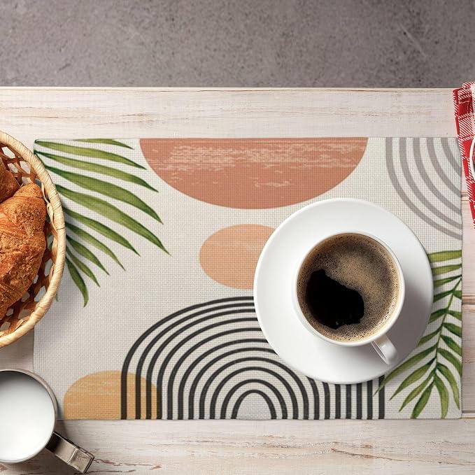 Mid Century Placemats Set of 4, Boho Abstact Sunset Leaf Stripe Decorative Table Mat 12 x 18 Inch Heat Resistant Non Slip Line Fabric Summer Place mat for Holiday Party Kitchen Dining Decor