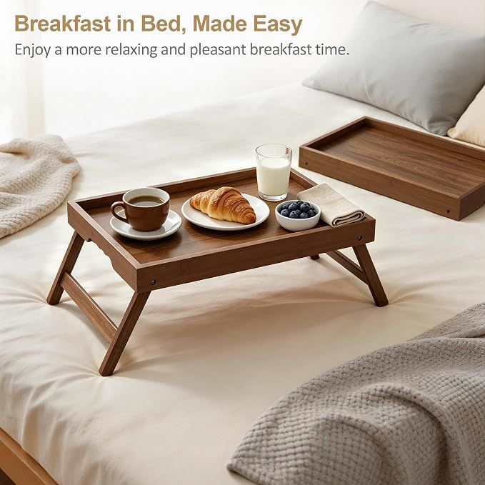 Bamboo Breakfast Trays with Folding Legs, Large, 2-Pack, Walnut | Set of 2 large bamboo bed trays with folding legs and wave handles for meals, laptops and serving in bed.