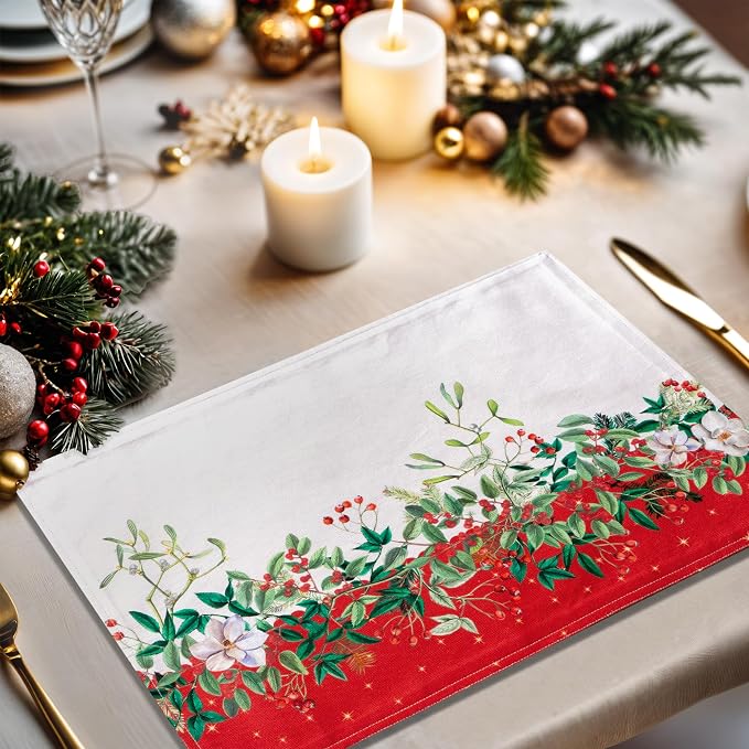 Maison d' Hermine Placemats Set of 4 Reusable 100% Cotton (13"x19") | Cloth Place Mats Washable Table Mats for Kitchen Dining Party Wedding Hotel Home Thanksgiving Christmas - Noel