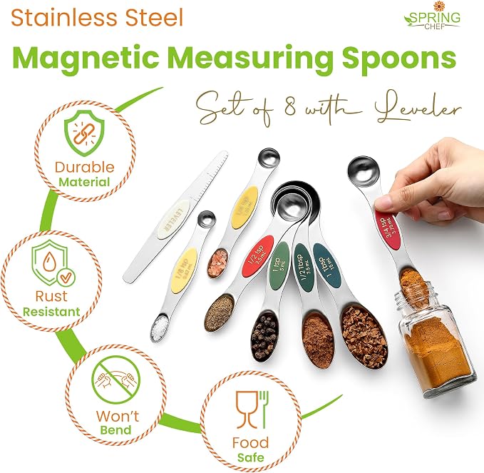 Spring Chef Stainless Steel Magnetic Measuring Spoons Set of 8, Very Merry | Dual Sided Metal Teaspoon & Tablespoon Measuring Spoons with Leveler for Dry & Liquid Ingredients, Fits in Kitchen Spice Jars