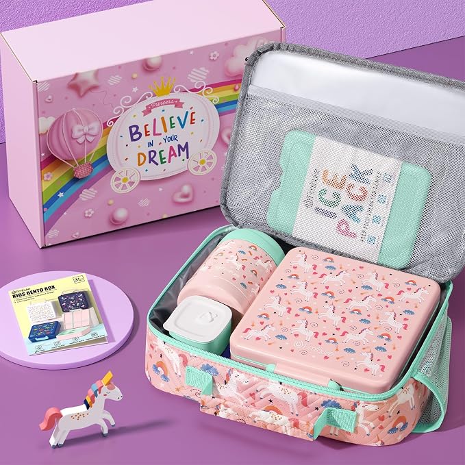Fimibuke Kids Bento Snack Lunch Box with 4 Compartments, Insulated lunch Bag, Stainless Steel Thermo Food Jar, Ice Pack & Utensils, Unicorn Birthday Gifts for Age 3-12 Back to School Toddler Girl Boy | Lunch Box Kids with 4 Compartment, Food Jar, Ice P...
