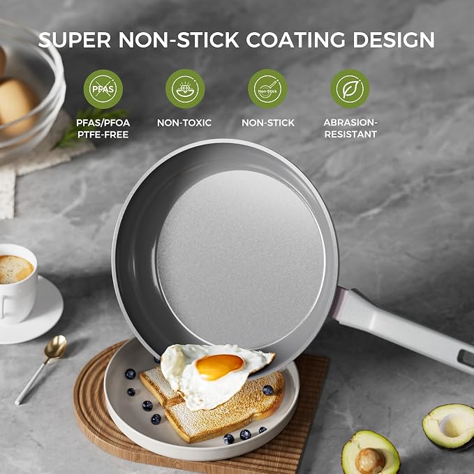 Sanho 8'' 10'' 12'' NonStick Frying Pan, Diamond-Titanium Ceramic Frying Pans Skillet, Non Stick Egg Pans with Stay Cool Handle for Induction, Dishwasher & Oven Safe, PTFE & PFOA Free, Non Toxic