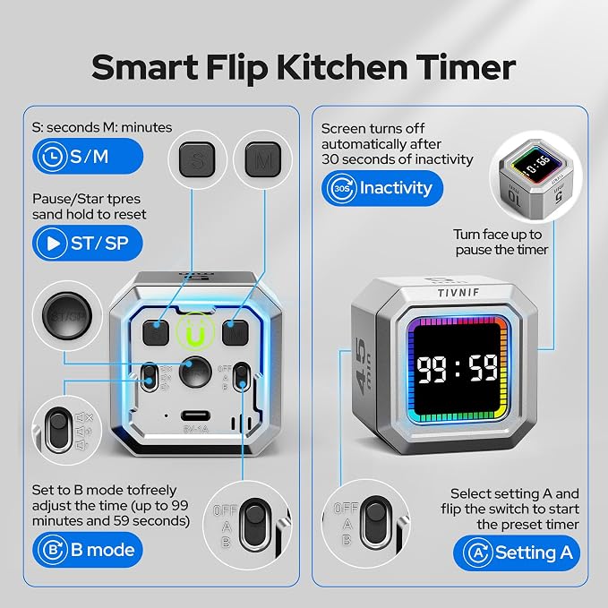 Kitchen Timer Visual Timer for Kids Color Display Gravity Sensor Cube | Digital Pomodoro Timer with Loud Alarm, Magnetic Back, Easy Use for Cooking, Classroom, Study & Productivity