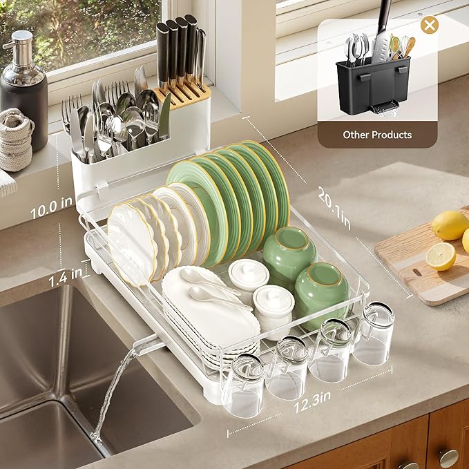 Runnatal Dish Drying Rack with Drainboard for Kitchen Counter and Sink | Large Dish Rack Rustproof Dish Drainer with Detachable 2-in-1 Utensil Holder, Extra Cup Holder, White