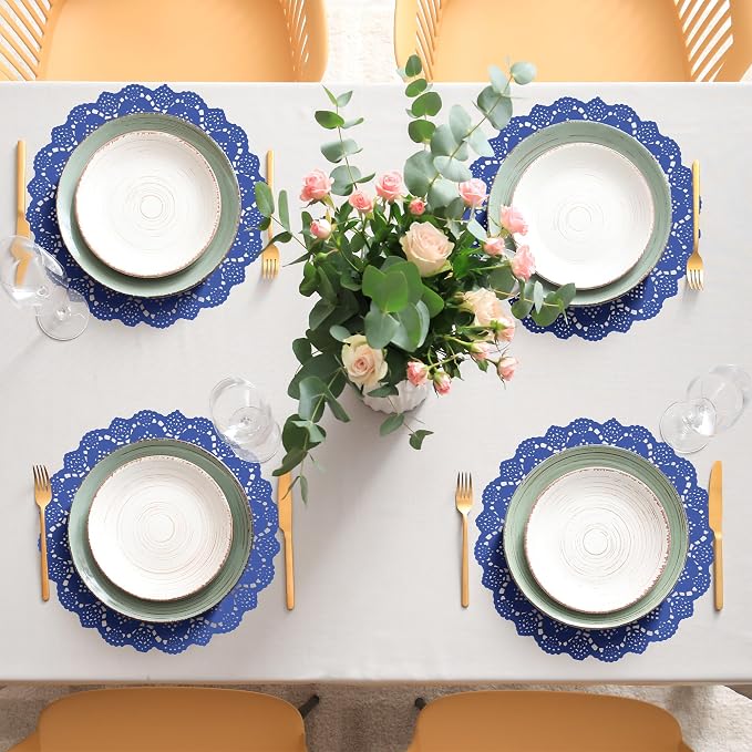 MCEAST 100 Pack Round Blue Paper Doilies 13.5 Inches Lace Place Mats Rustic Scallop Doily Disposable Paper Table Pads for Food Cakes Crafts Party Weddings Tableware Decor