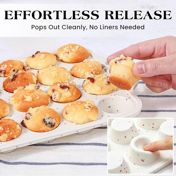Mini Muffin Pan, 24 Cups, Cream | Metal Reinforced Frame, Nonstick Silicone, Food Grade, With Handles