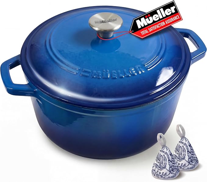 Mueller 6qt Enameled Cast Iron Dutch Oven, Heavy-Duty Casserole and Braiser Pan with Lid and Knob, Safe for All Cooktops, Aqua Blue | Casserole & Braiser Pan, Sourdough Bread Baking, PFOA-Free, Oven Safe to 500°F, All Cooktops incl. Induction, Aqua Blue