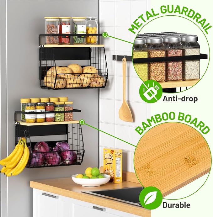 2 Set Magnetic Shelf for Refrigerator with Wood Lid, Fruit Potato & Onion Storage Bins, Pantry Organizers & Storage, Large Container Magnetic Spice Rack for Refrigerator, Kitchen Counter, Cabinet | Strong magnet holds 50lbs, ventilated bin for produce,...