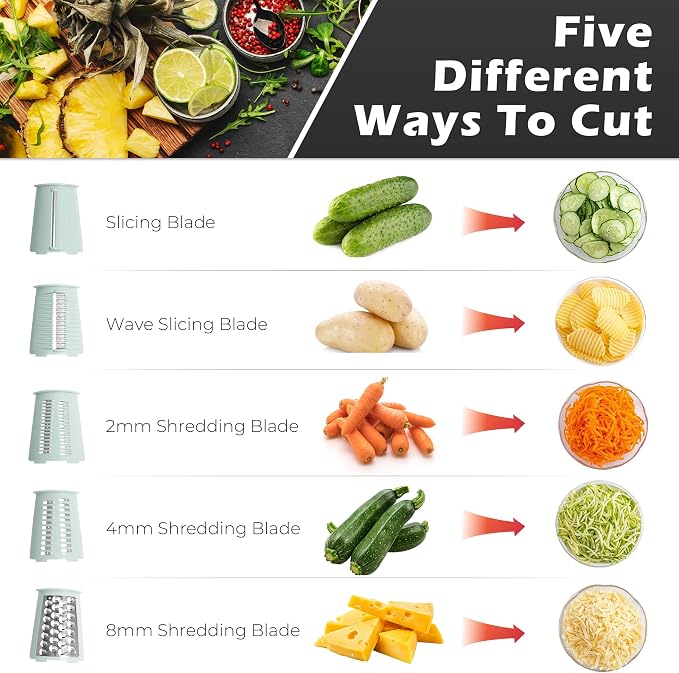 Rotary Cheese Grater Manual Hand Crank with 5 Blades & Suction Base, Kitchen Vegetable Shredder Slicer for Veggie, Nuts, Fruit, Green