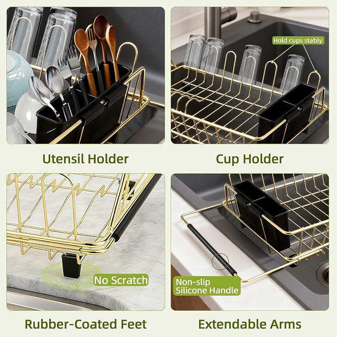Golden Expandable Dish Drying Rack-Extra Large Stainless Steel Dish Drainer Over The Sink for Kitchen Countertop with Utensil Holder, Applicable for Sink Width 16'-22' (Gold,23.2'*12.2')