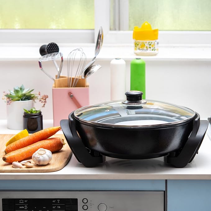 Moss & Stone Round Electric Skillet with Lid, 12-Inch Nonstick Frying Pan | 5 Qt Electric Frying Pan with Adjustable Temperature Control, Vented Glass Lid, Heat-Resistant Handles & Dishwasher Safe
