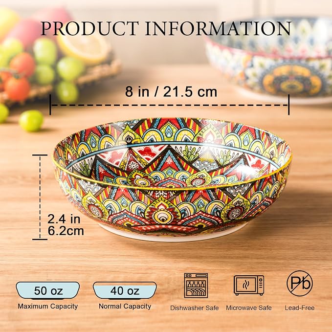 Henten Home Ceramic Pasta Bowls, 50 oz Soup Bowl Set of 2, Colorful Large Salad Bowls, Bohemia Shallow Serving Bowls Set for Noodles, Microwave & Dishwasher Safe (Set A)