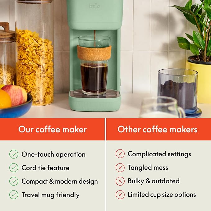 bella Single Serve Coffee Maker, K Cup & Coffee Ground Compatible, Seaglass