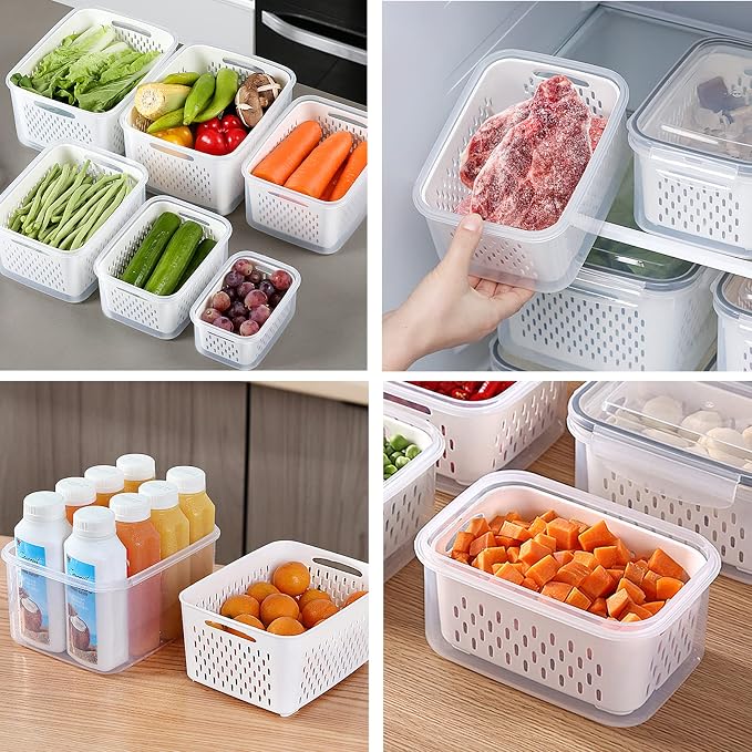 3Pack Fridge Food Storage Container Set with Lids with Strainer,Plastic Fresh Produce Saver Vegetable Fruit Meat Storage Organization, BPA-Free Plastic Produce Keepers(3.15L+1.7L+0.8L)