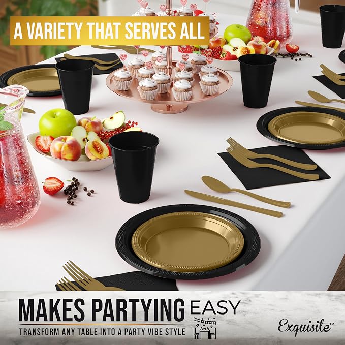 350 Pcs Black & Gold Plastic Plates For Party, Black & Gold Disposable Plates Set, 50 Of Each 9" Dinner Plate Set, 7" Dessert Plate, Cups, Napkins & Cutlery Plastic Dinnerware Exquisite