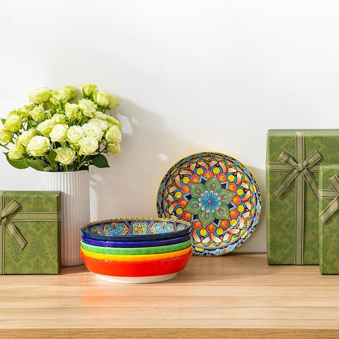 vancasso 32 Oz Pasta Bowls, Porcelain Large Colorful Salad Soup Bowls Set of 6, Pasta Serving Bowls Plates for Kitchen, Dishwasher & Microwave Safe, Series KRVI