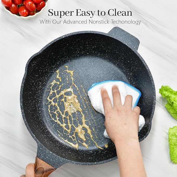 12 Inch Nonstick Deep Frying Pan Skillet with Lid and Spatula, 6 Qt Jumbo Saute Pan with Pour Spout, Non Stick Granite Stir-Fry Chef Wok with Scrub Sponge, Induction Stovetops Compatible