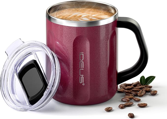 Ideus 16 oz Insulated Coffee Mug with Handle and Lid, Double Wall Stainless Steel Vacuum Thermal Coffee Mug, Travel Coffee Cup Thermal Cup for Home and Office, Burgundy-FUJI FLOW