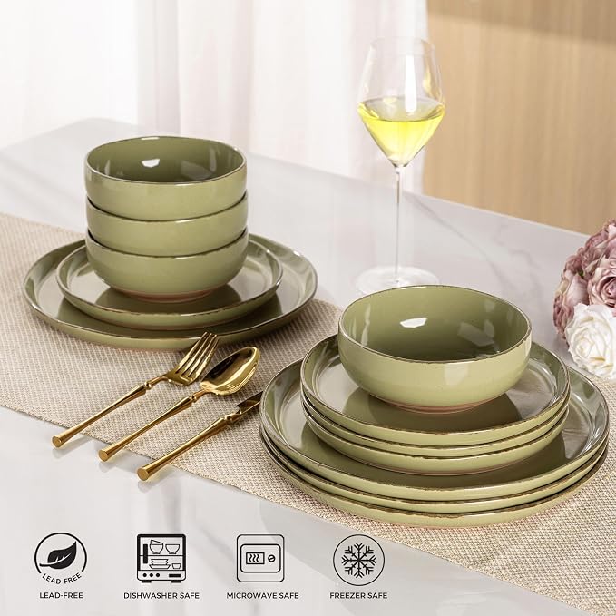 AmorArc Dinnerware Sets for 4, 12 Pieces Ceramic Plates and Bowls Set | Scratch Resistant Stoneware Dishes Set, Dishwasher & Microwave Safe,Olive Green