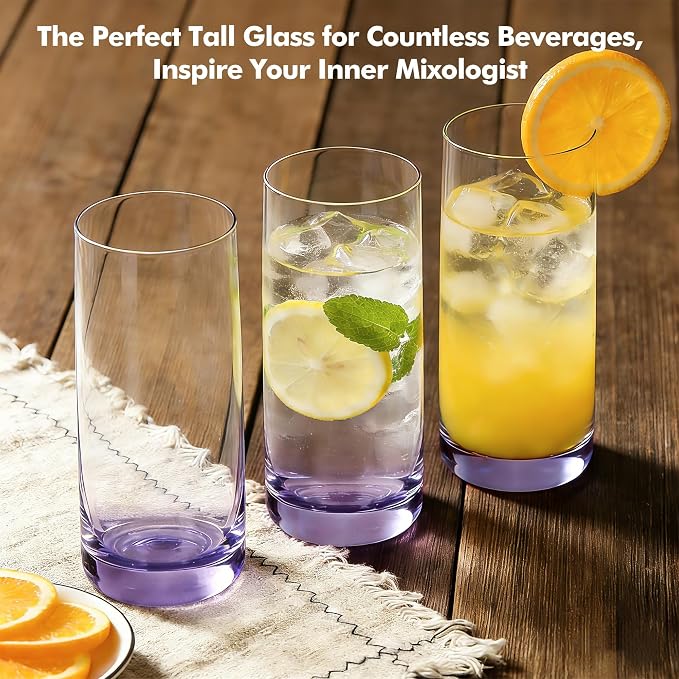 Purple Highball Glasses Set of 6, Drinking Glass for Mixed Drink | 13oz ,Cups for Cocktail, Beer, Mojito, Water and Juice,Thick Tall Glassware for Kitchen, Restaurant, Home Bar and Parties
