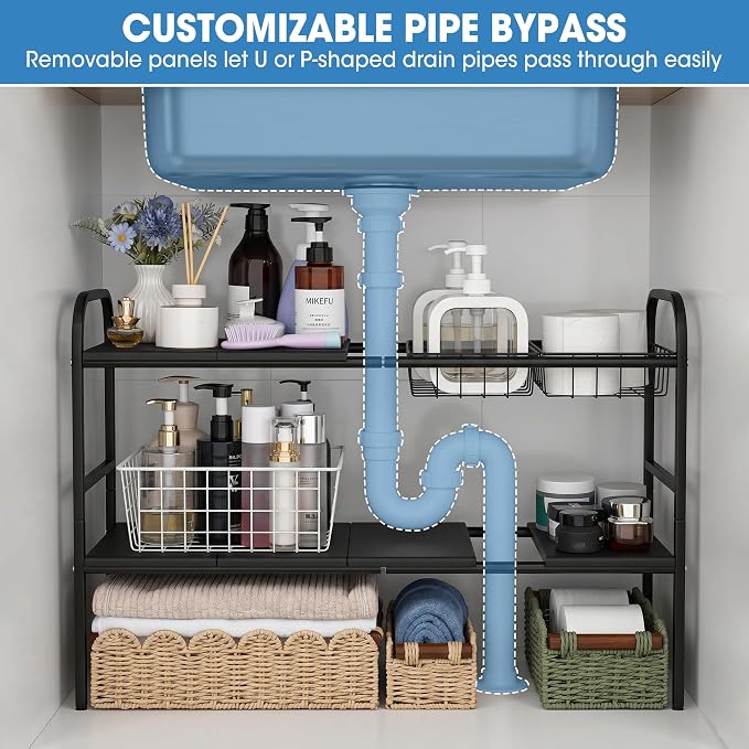 Expandable 2 Tier Under Sink Organizer, Black, 28.74-34.5 Inch Width | For Kitchen and Bathroom, 2 Storage Baskets, 6 Removable Panels, Adjustable Height Metal Shelf, Fits Pipes
