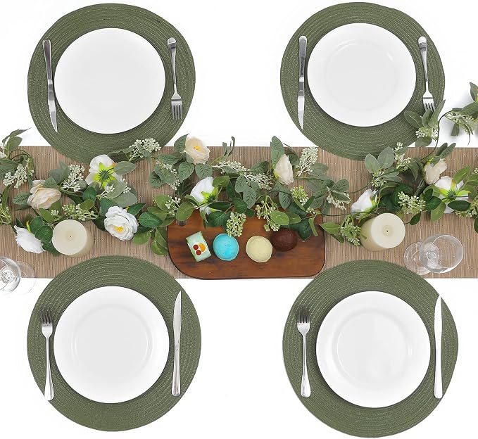 SHACOS Round Placemats Set of 4 Washable 15 inch Round Table Mats Cotton Polyester Woven Braided Place Mats for Dining Table Wedding Party Decor (Olive Green, 4)