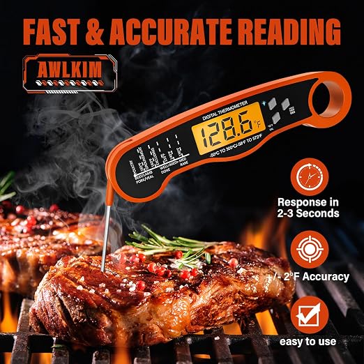 AWLKIM Meat Thermometer Digital, Instant Read Food Thermometer, Orange | Waterproof cooking thermometer with doneness chart, backlight, F/C switch for BBQ, candy, oil