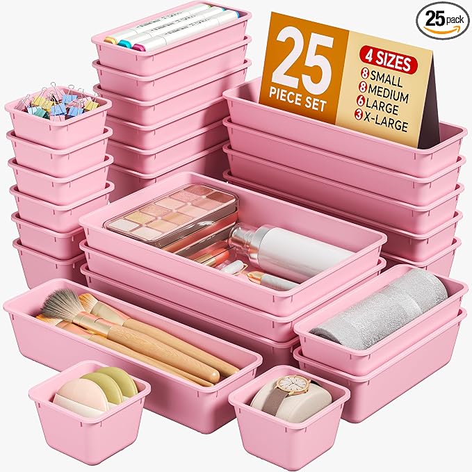 KEMETHY 25 PCS Plastic Drawer Organizers Set, 4 Sizes Vanity Organizer | Makeup and Desk Drawer Organizer Trays, Organization and Storage for Makeup, Bathroom, Kitchen Utensils and Office (Pink)
