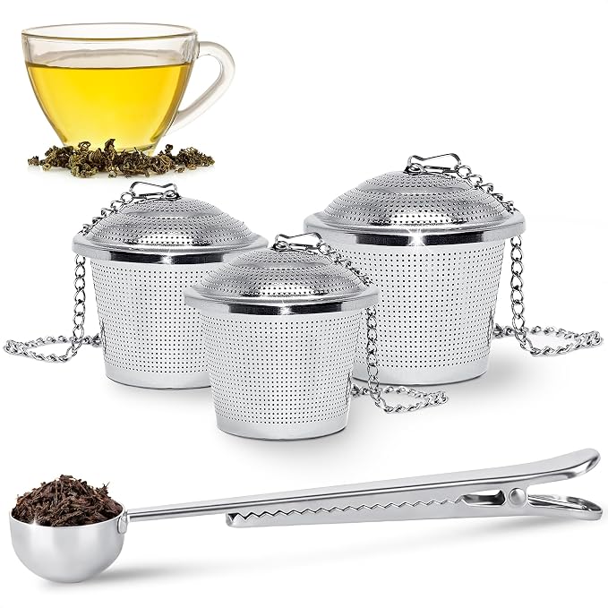 Tea Infuser Set of 3 (1 Large, 2 Small) with Scoop, Stainless Steel | Loose Leaf Tea Steeper; Extra Fine Mesh Holes, Extended Chain, Sleek & Shiny Surface; Reusable; for Herbs, Spices & Cooking
