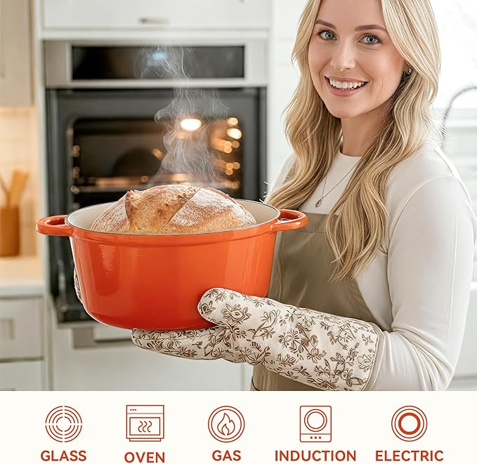 4.5 Quart Dutch Oven Pot with Lid, Non Stick Enameled Cast Iron Dutch Oven for Bread Baking, Heavy-Duty, Oven Safe Ceramic Cookware Up to 500°F for Baking, Braising, Stews, Roasting, Orange