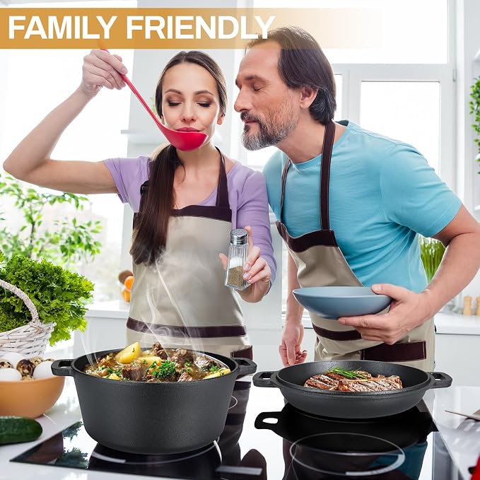 TLGREEN Cast Iron Dutch Oven 6.7QT Pot 2.5QT Skillet Lid Silicone Holders | Cast Iron Skillets, Heat Resistant Stand Included, Fits All Heat Sources for Outdoor Camping, Safe for Long High Temp Cooking