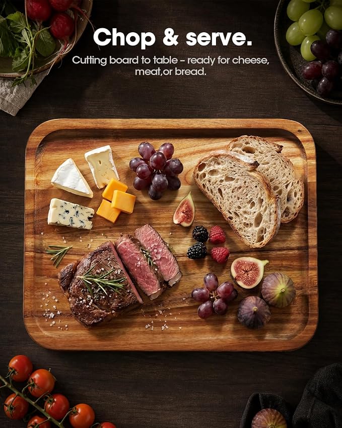 Starkbear Acacia Wood Cutting Board 15x11 Inch, Core-Cut Wooden Chopping Block for Kitchen with Sloped Juice Groove, Sleek Reversible Charcuterie Cheese Serving Tra