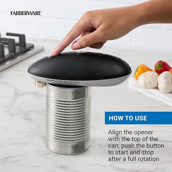 Farberware USB Rechargeable Electric Can Opener – Hands-Free Automatic Can Opener with Built-In Battery, Magnetic Lid Lifter, Compact Design, USB-C Charging Cord, Black