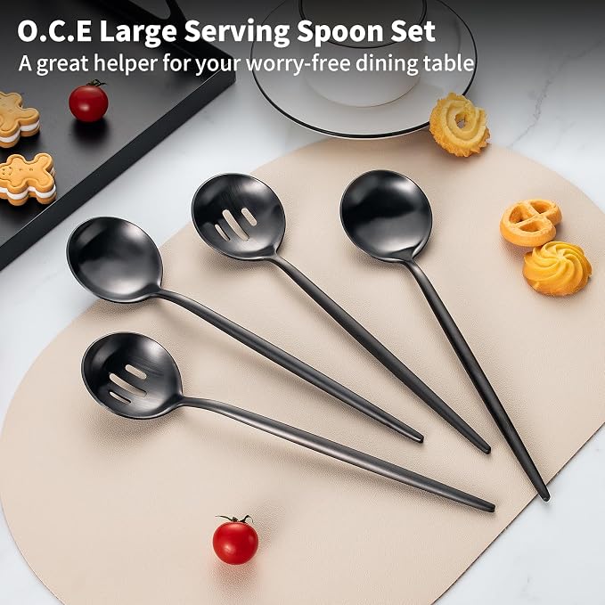 4 Piece Serving Spoons Set(2 Spoons and 2 Slotted Spoons),O.C.E. Stainless Steel Buffet Serving Utensils,10.3 Inches,Premium Flatware,Matte Black