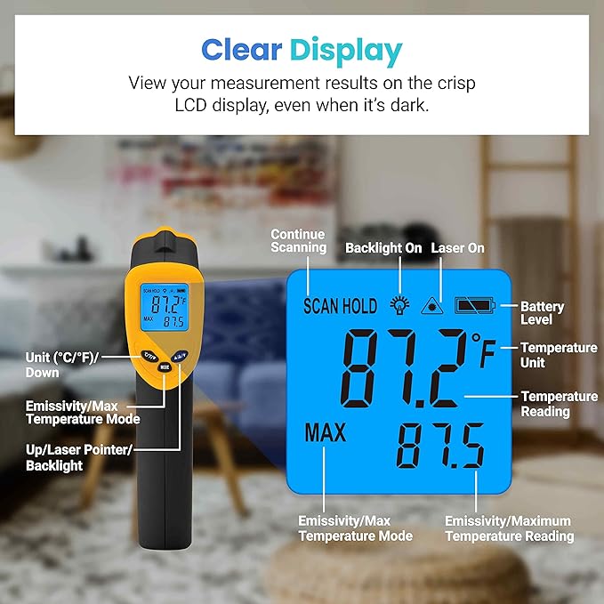 Etekcity Infrared Thermometer Laser Temperature Gun 774 | Cooking, Pizza Oven, Griddle, BBQ, Meat, HVAC, Engine, Adjustable Emissivity, MAX Display, Surface Measurement